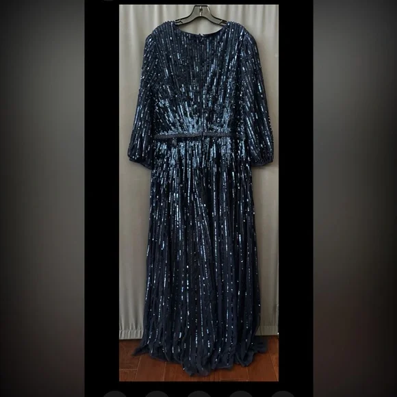 Mac Duggal sequinned faux wrap long dress in navy, sz 20, new